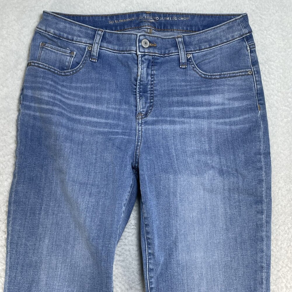 Chicos So Slimming US Size 8 Girlfriend Slim Leg Crop Blue Tie Dye Jeans 29x22 - Picture 2 of 12